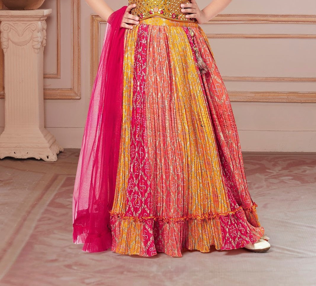 Mustard Mirrorwork Bandhej Lehenga Set with Pink Dupatta