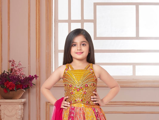 Mustard Mirrorwork Bandhej Lehenga Set with Pink Dupatta