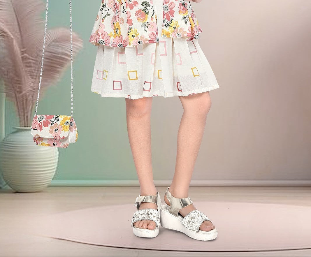 White & Multicolor Girls’ Floral Printed Midi Set with Matching Sling