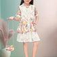White & Multicolor Girls’ Floral Printed Midi Set with Matching Sling
