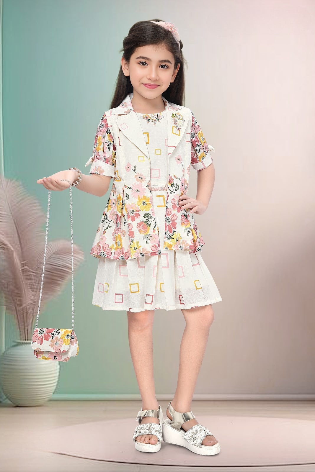 White & Multicolor Girls’ Floral Printed Midi Set with Matching Sling
