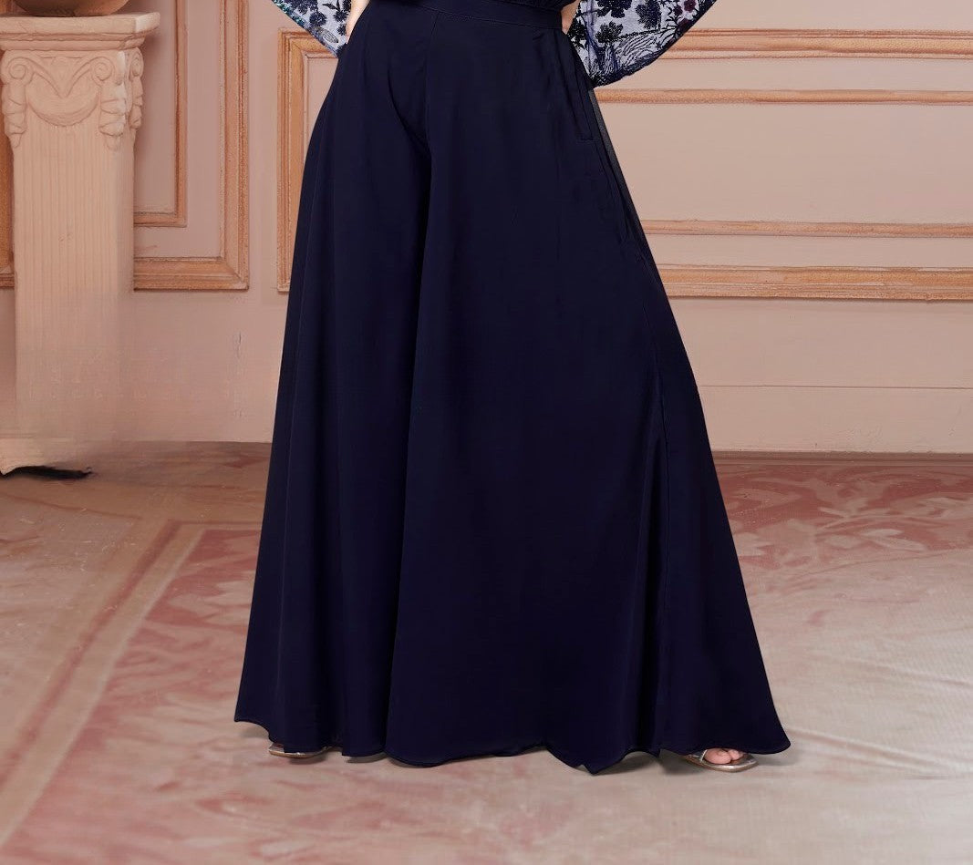 Navy Blue Butterfly Sequin Cape Gown Set