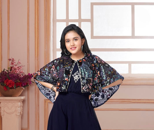 Navy Blue Butterfly Sequin Cape Gown Set