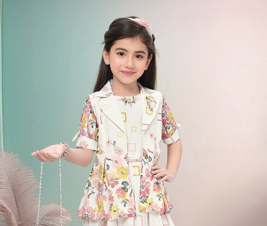White & Multicolor Girls’ Floral Printed Midi Set with Matching Sling