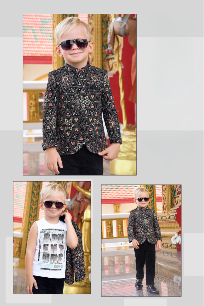 Black Embroidered Indo-Western Jacket Set for Boys