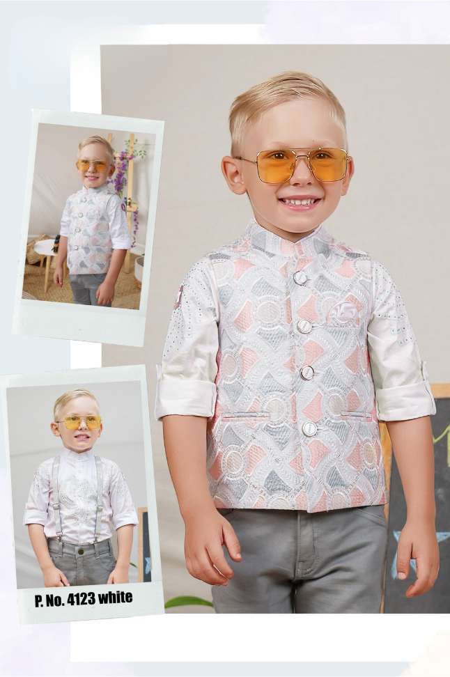 White & Grey Boys’ Elegant Mandarin-Collar Festive Set