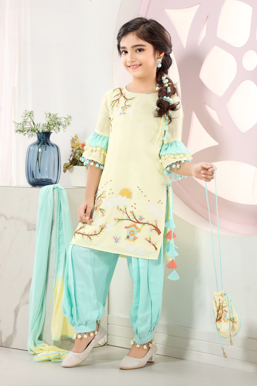 Lemon & Blue Girls' Embroidered Kurta Patiala Set