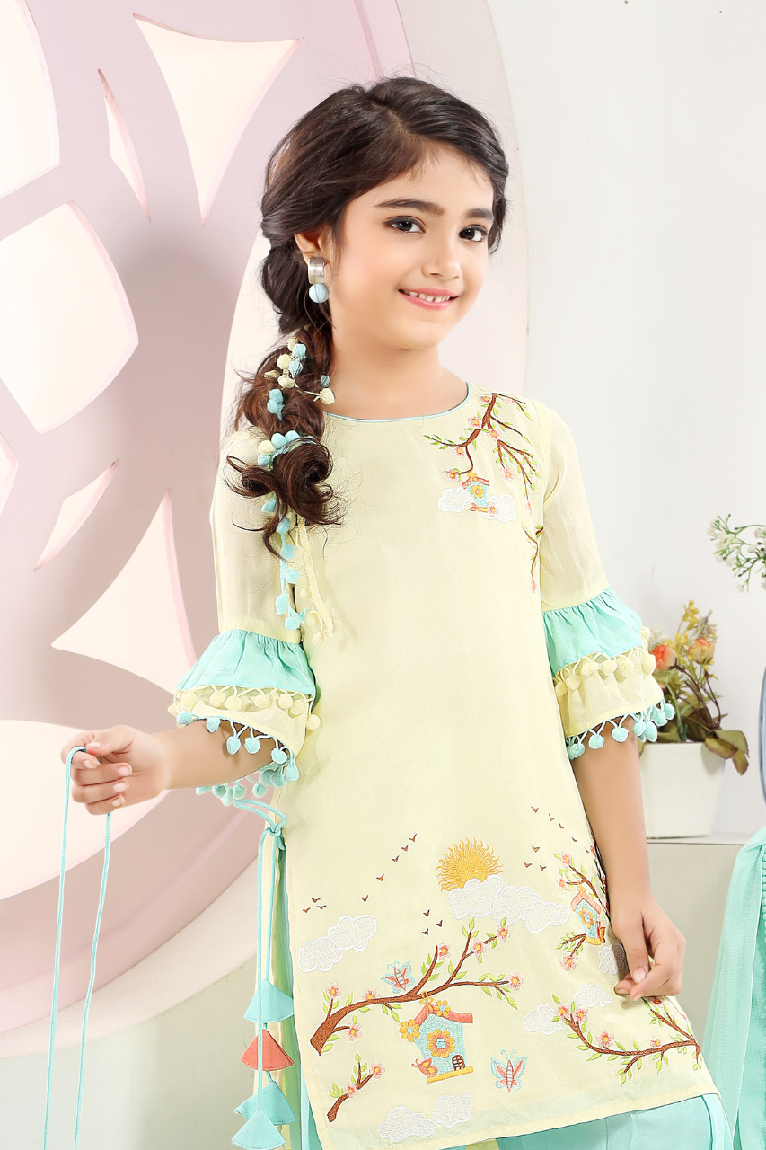 Lemon & Blue Girls' Embroidered Kurta Patiala Set