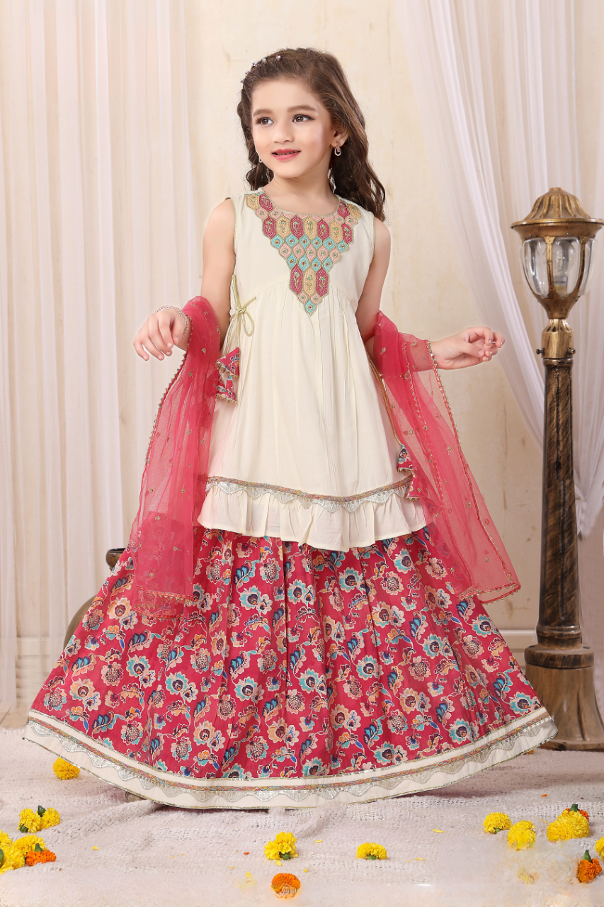 Off-White & Red Girls' Embroidered Peplum Lehenga Set