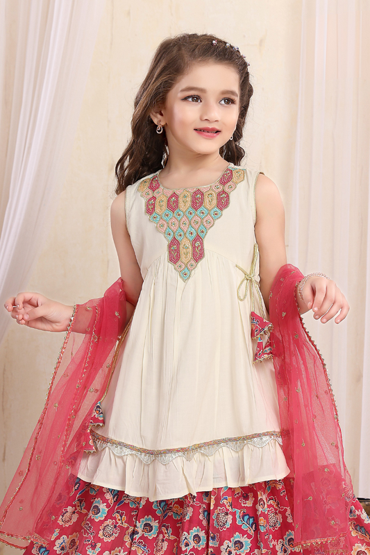 Off-White & Red Girls' Embroidered Peplum Lehenga Set