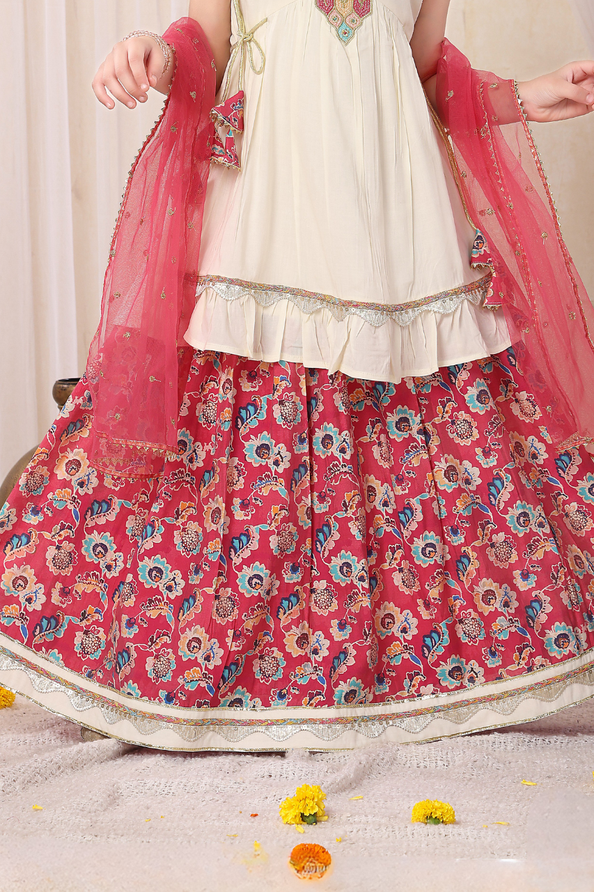 Off-White & Red Girls' Embroidered Peplum Lehenga Set
