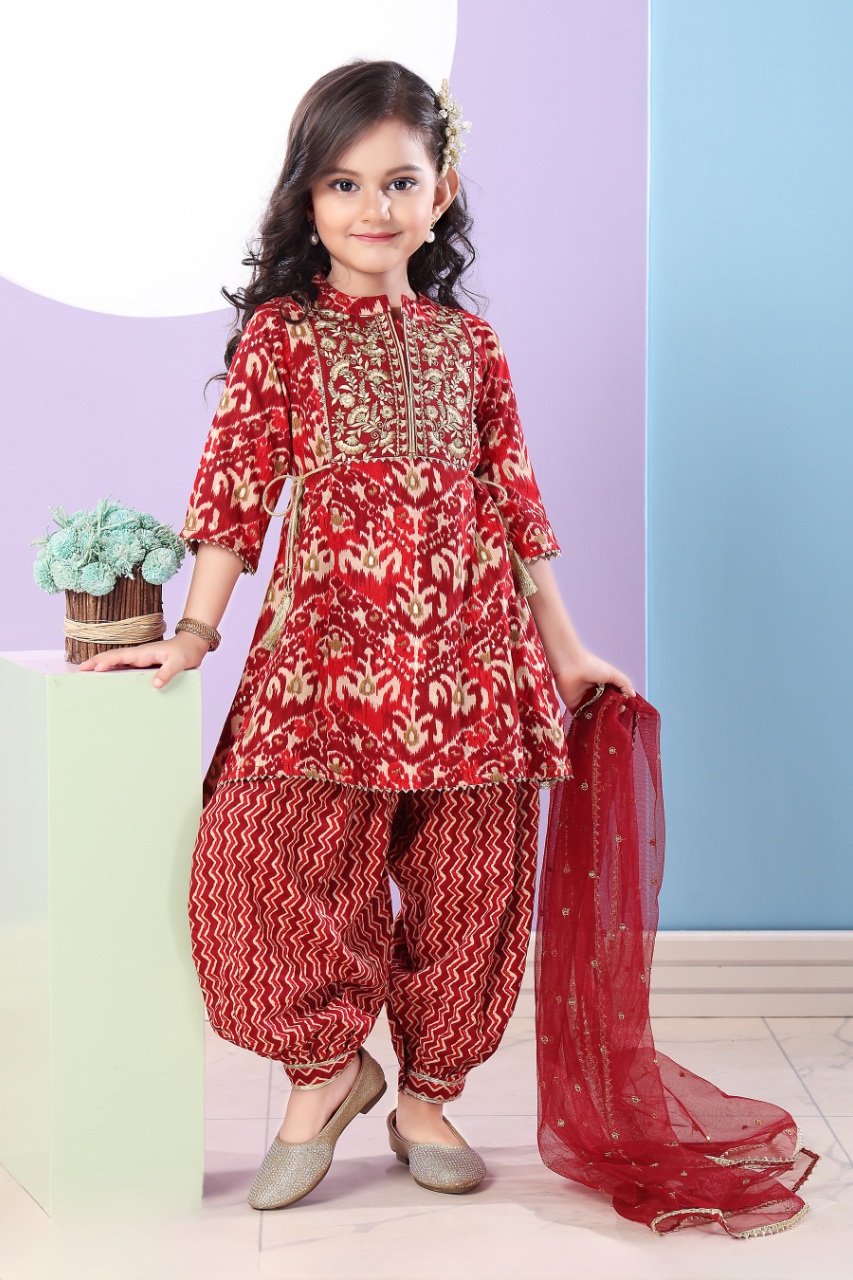 Maroon & Gold Girls' Ikat-Print Embroidered Patiala Suit Set