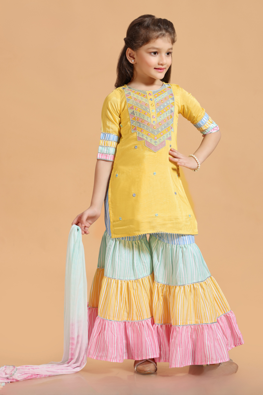 Yellow Girls' Embroidered Kurti and Sharara Set