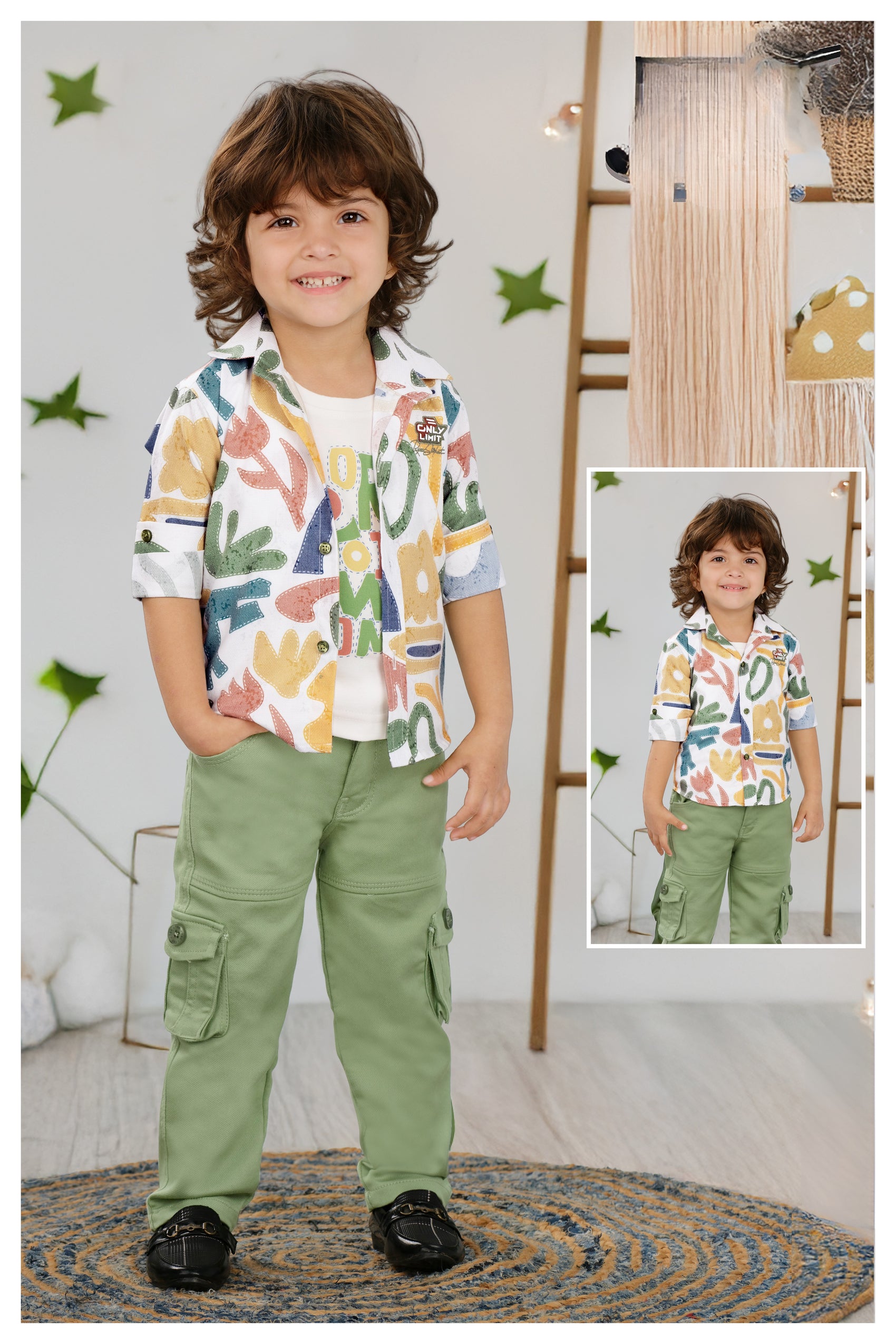 Green & Multi-Color Abstract Print Shirt & Cargo Pant Set